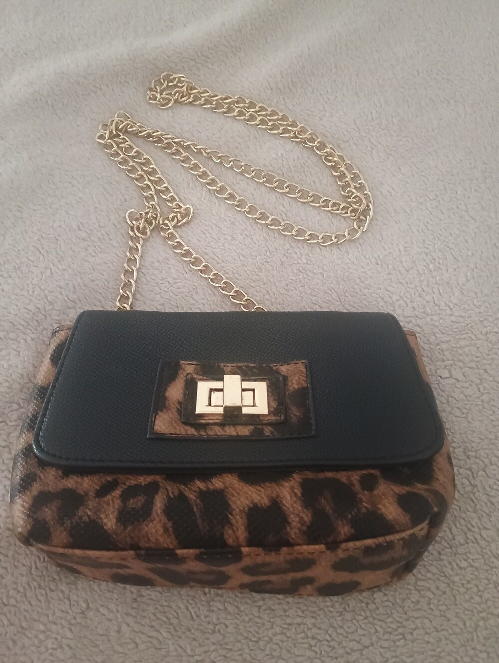 Leopard Print Crossbody Bag with Black Flap and Gold Chain